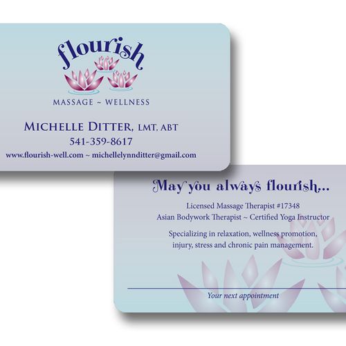Business card for Flourish, a massage therapist.