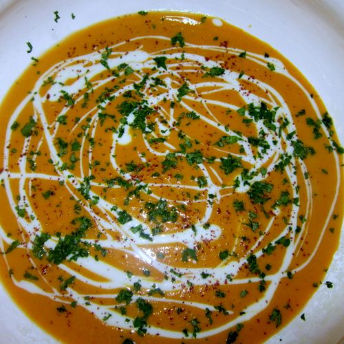 Ginger-Carrot Soup with Cilantro and Yogurt Sauce 