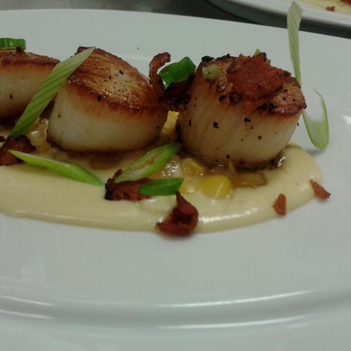 Sauteed Scallops with bacon, green onions, sweet c