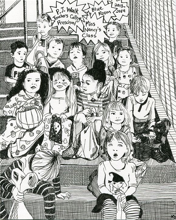 "Preschool Class Picture," ink on paper.