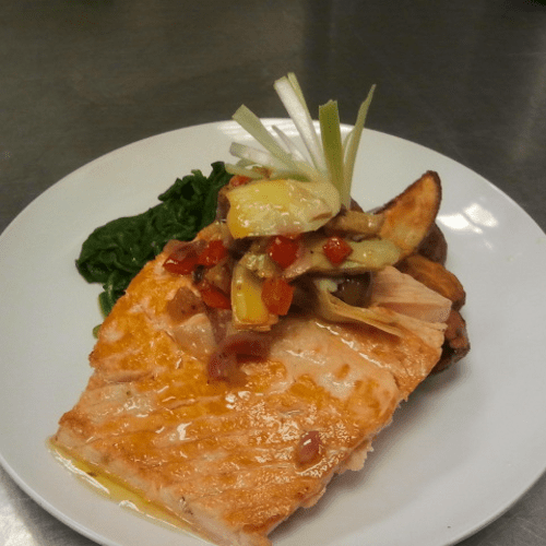 Baked Salmon with Roasted Potatoes and Spinach