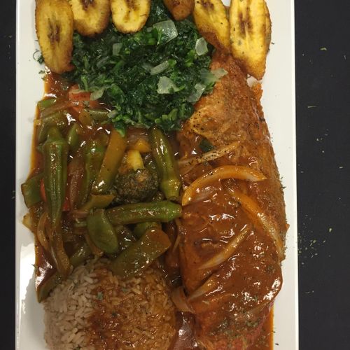 Brown stew Snapper with callaloo fried plantain an
