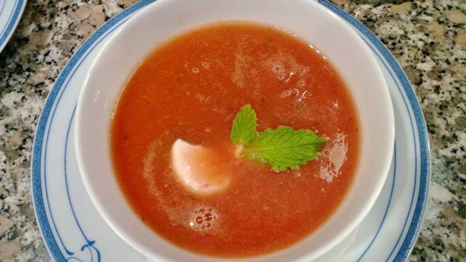 Watermelon gazpacho.  Greek yogurt and mint garnis