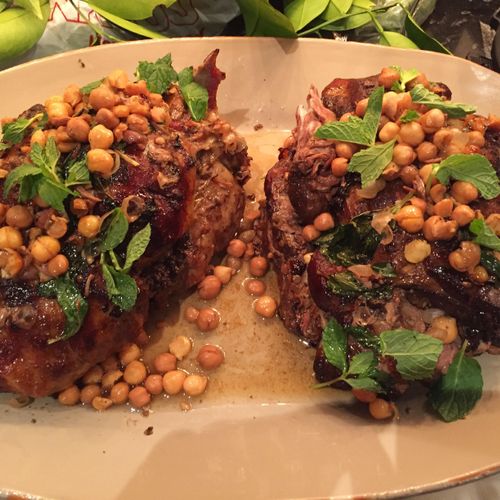 Braised lamb shoulder with chickpeas, pomegranate 