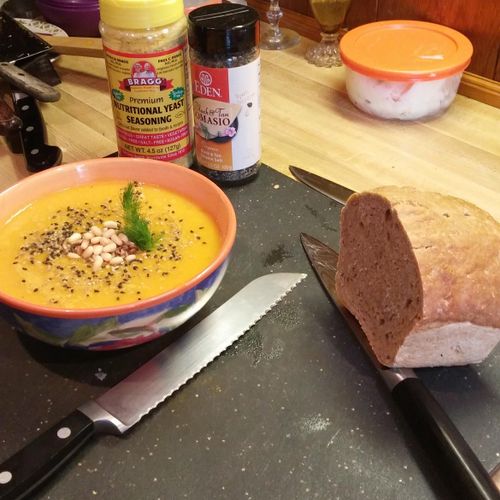 butternut squash soup with toasted seedd and whole