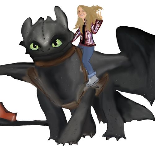 Illustration of Katie, riding her favorite dragon!