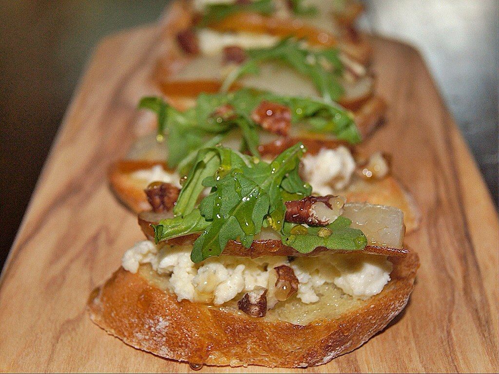Pear & Gorgonzola Crostini, Pecans, Honey