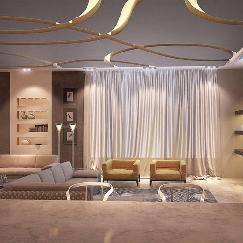 Soft lighted living room, with modern design and m