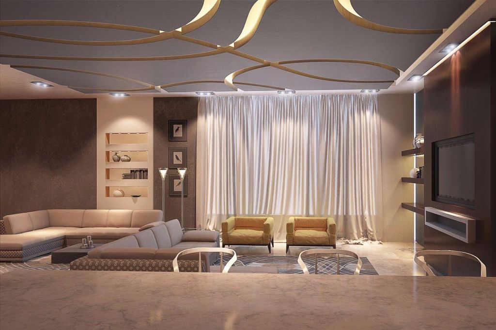 Soft lighted living room, with modern design and m