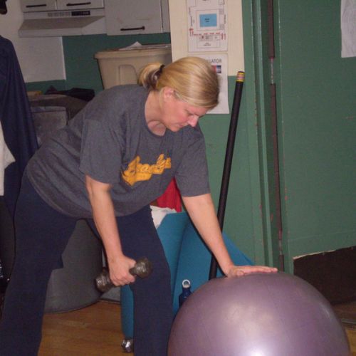 bent over rows with one hand on stability ball hel