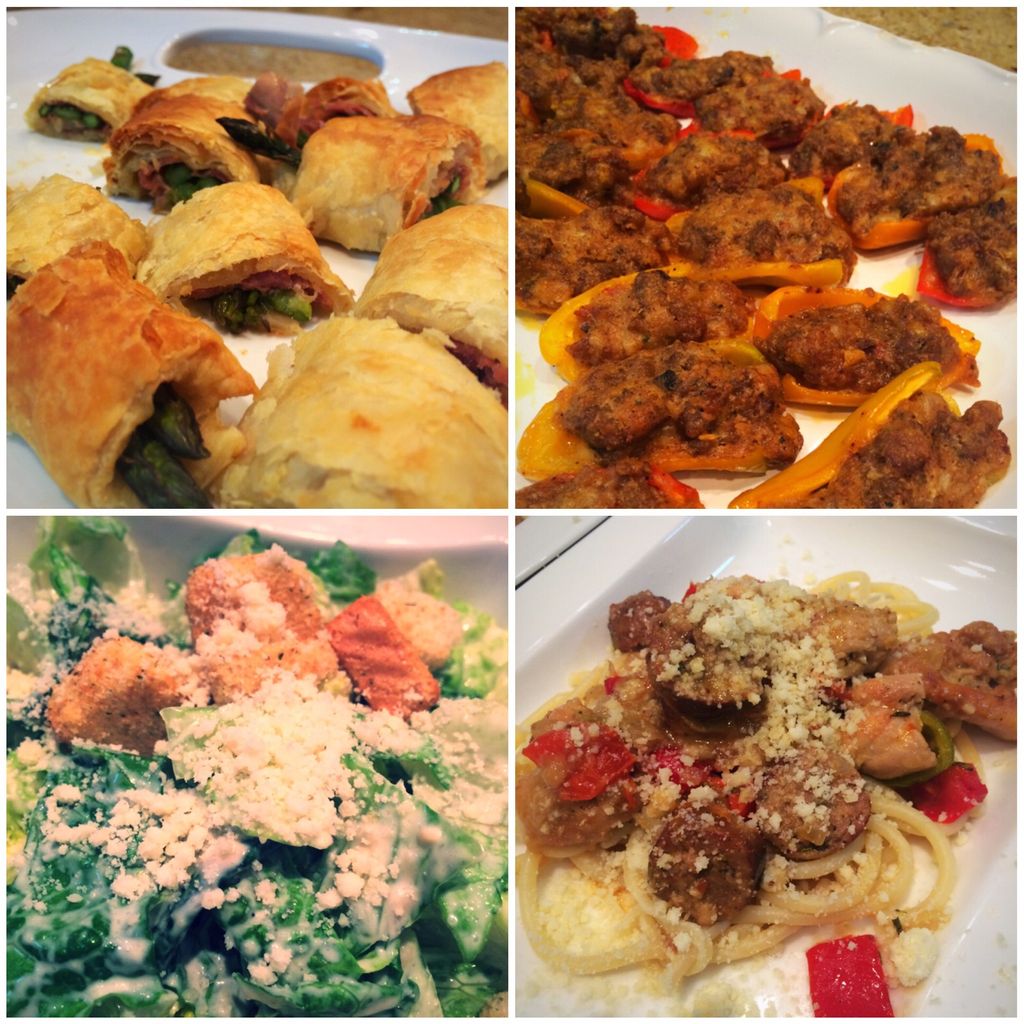 Phyllo wrapped prosciutto and asparagus, sausage s