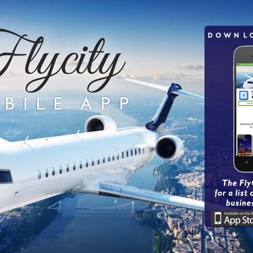 Logo and advertisement for ap Flycity app.