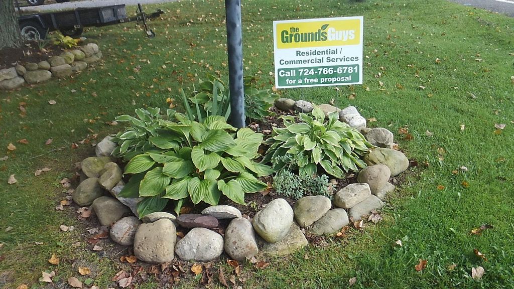 #4/#5 River Rock bed edging with hosta/iris 