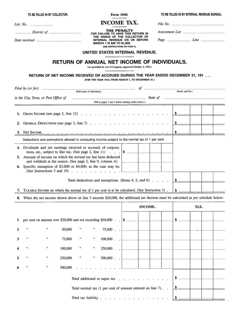 The original 1913 1040 Form