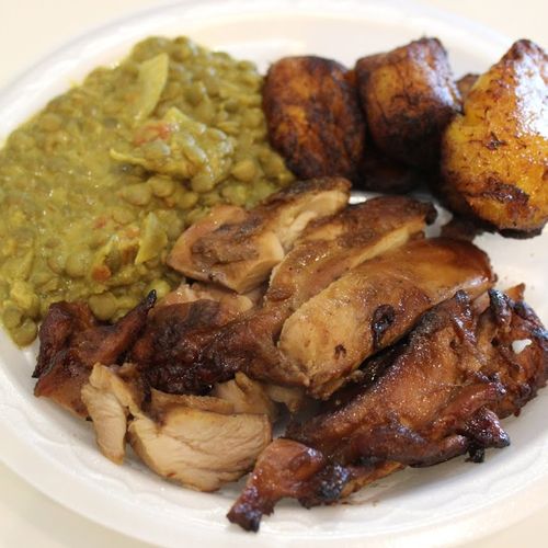 Sweet Jerk Chicken, plantains, lentils with coconu