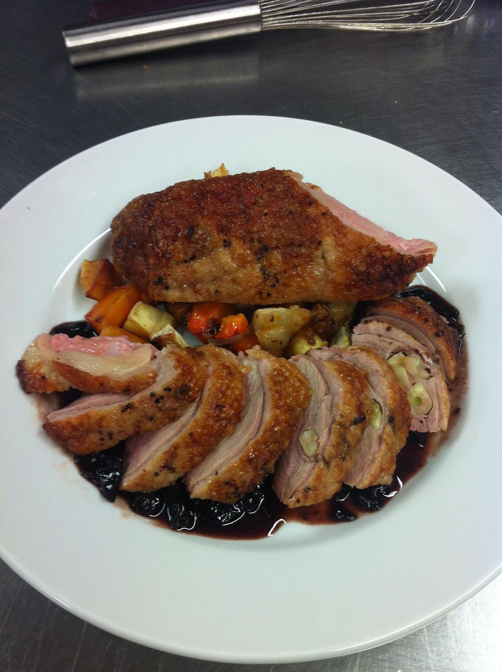 Crisped Duck breast w/red wine cherry sauce