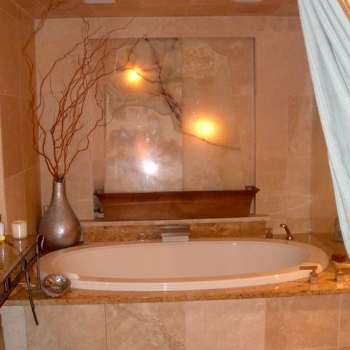 Master bath, oxyx niche with Copper water feature.