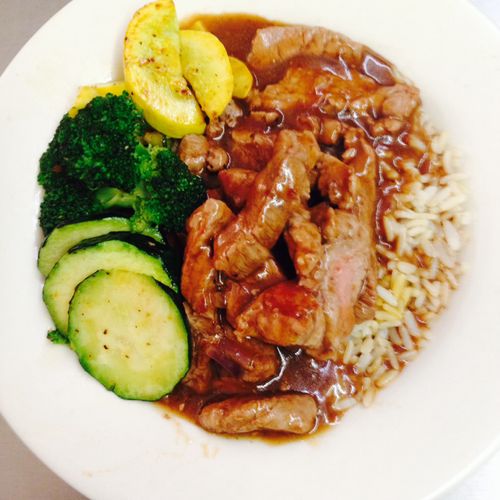 Ginger beef Tips over Brown Rice  with Grilled Veg