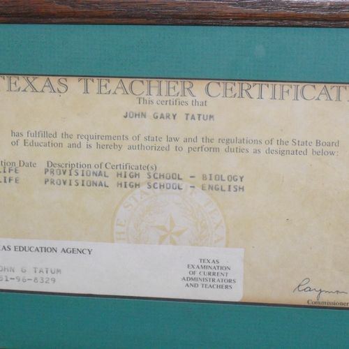 Texas State Teacher's Certificate
English and Biol