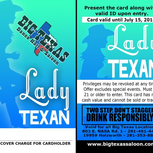 Lady Texan Card for Big Texas - Both Locations