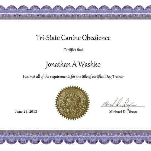 My Certificate for Dog Training certified through 