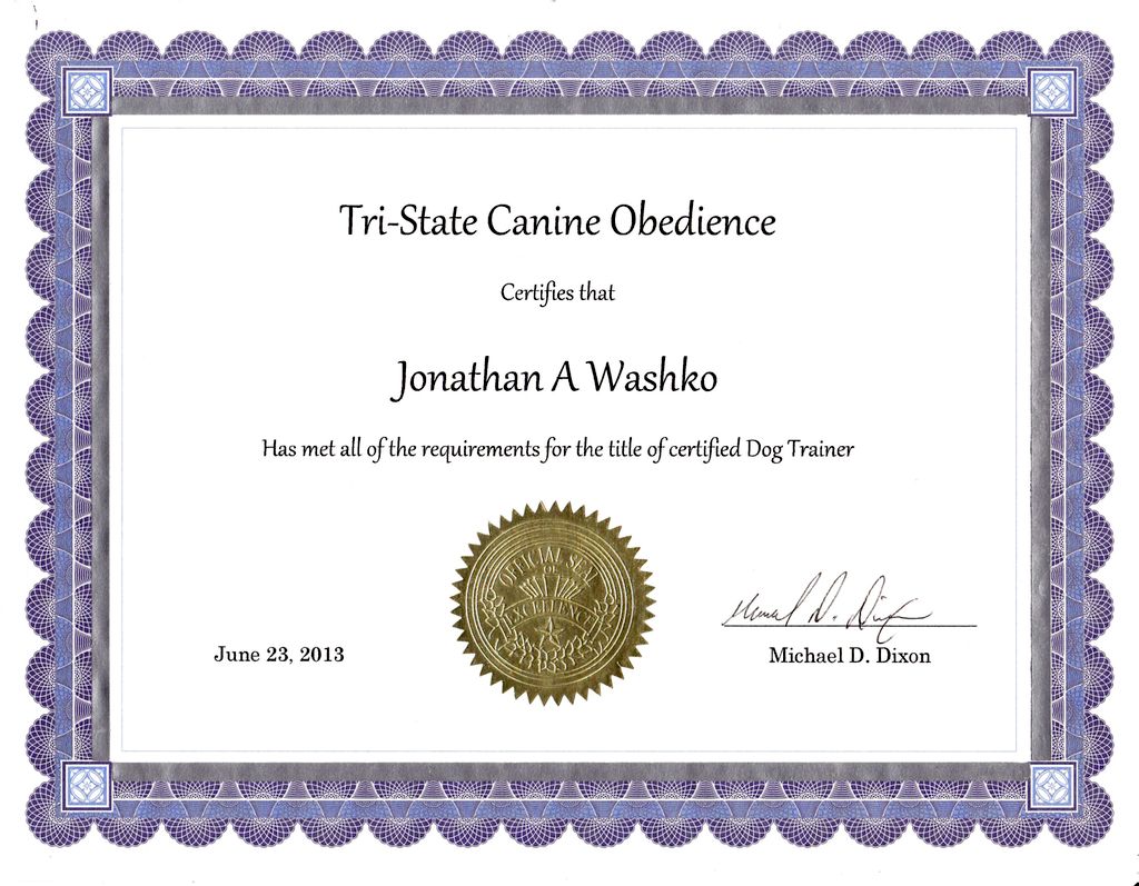 My Certificate for Dog Training certified through 