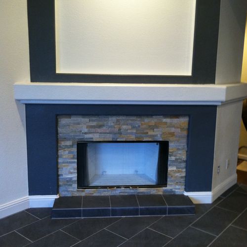 New Fireplace surround, tile flooring and landing