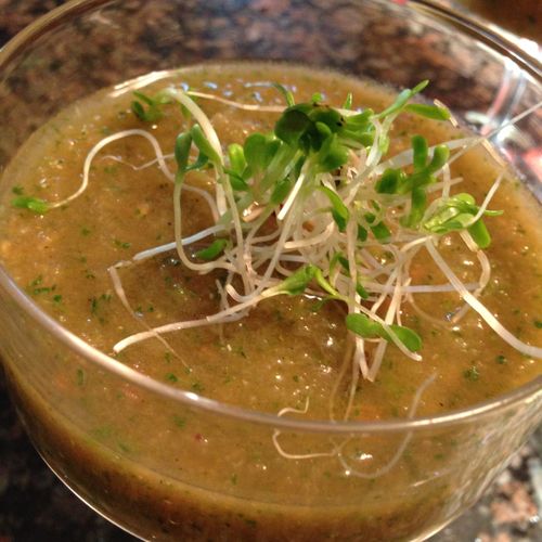 Green tomato gazpacho with spicy bean sprouts