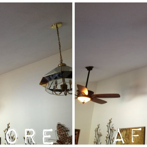 Hanging lights replaced with ceiling fans.