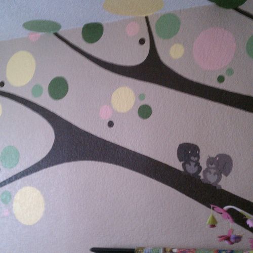 Nursery mural of a contemporary tree theme, with m