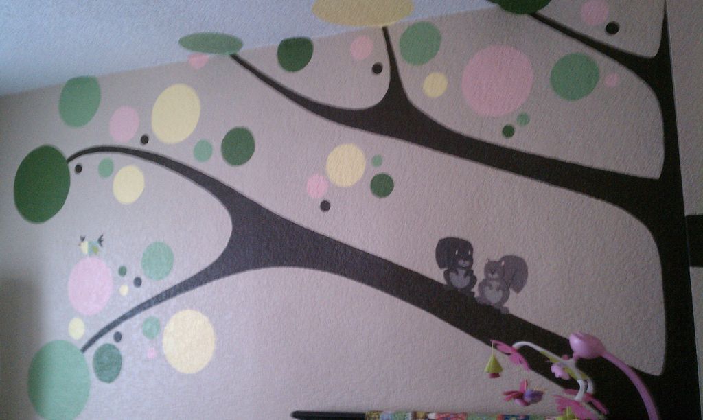 Nursery mural of a contemporary tree theme, with m