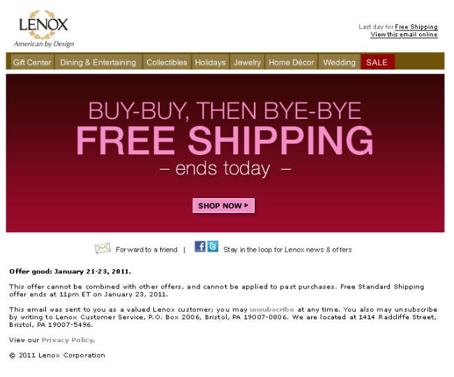 Copy for free shipping reminder email for Lenox.co