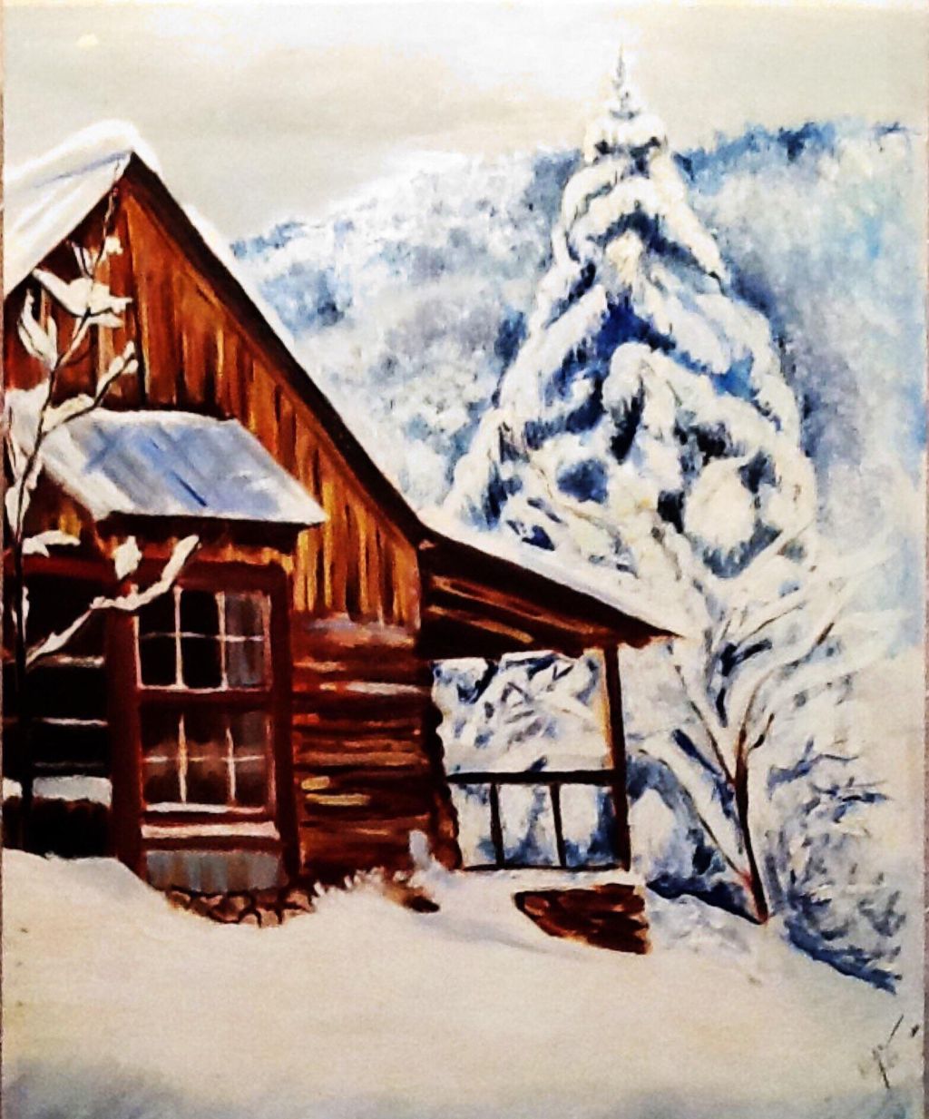 Logging cabin painted in oils. The snow was highli