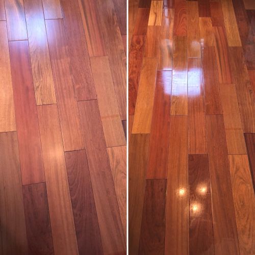 Hardwood floors before cleaning (left) and after c
