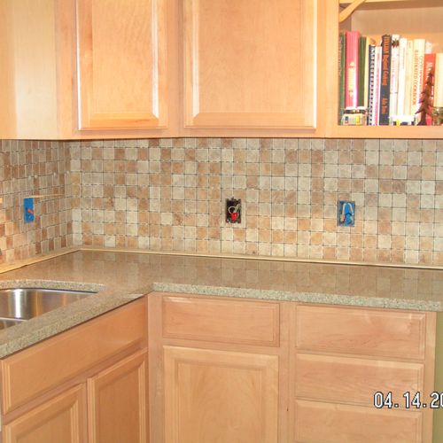 Kitchen remodel backsplash, cabinets, tile floor, 