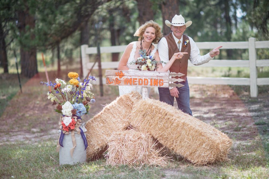 Burlap, denim & lace themed wedding.  Bride & groo