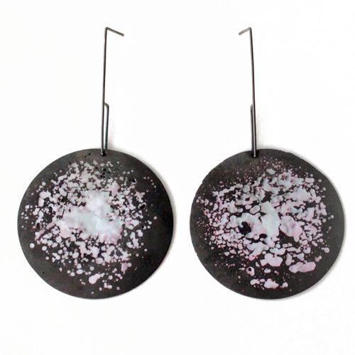 Copper, enamel and silver; plique-à-jour earrings.