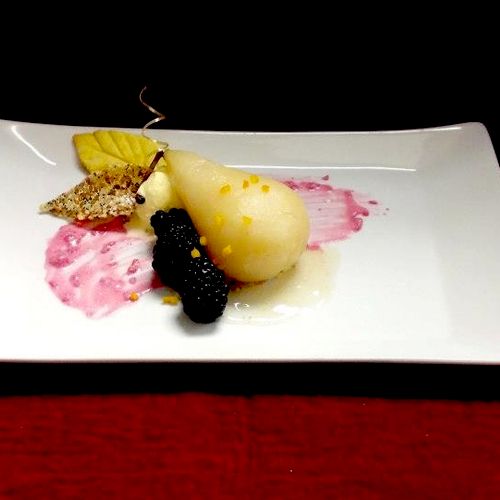 Poached Pear Dessert, with Plum Wine, Sweet Curry 