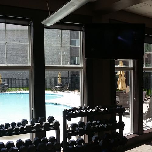 The dumbell Rack overlooking the pool.