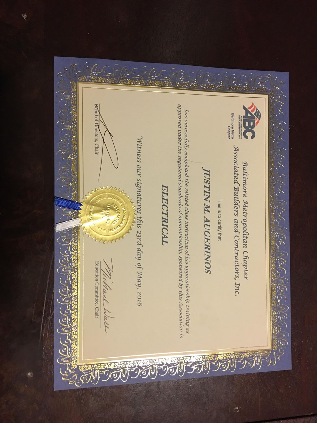 Apprenticeship completion certificate 