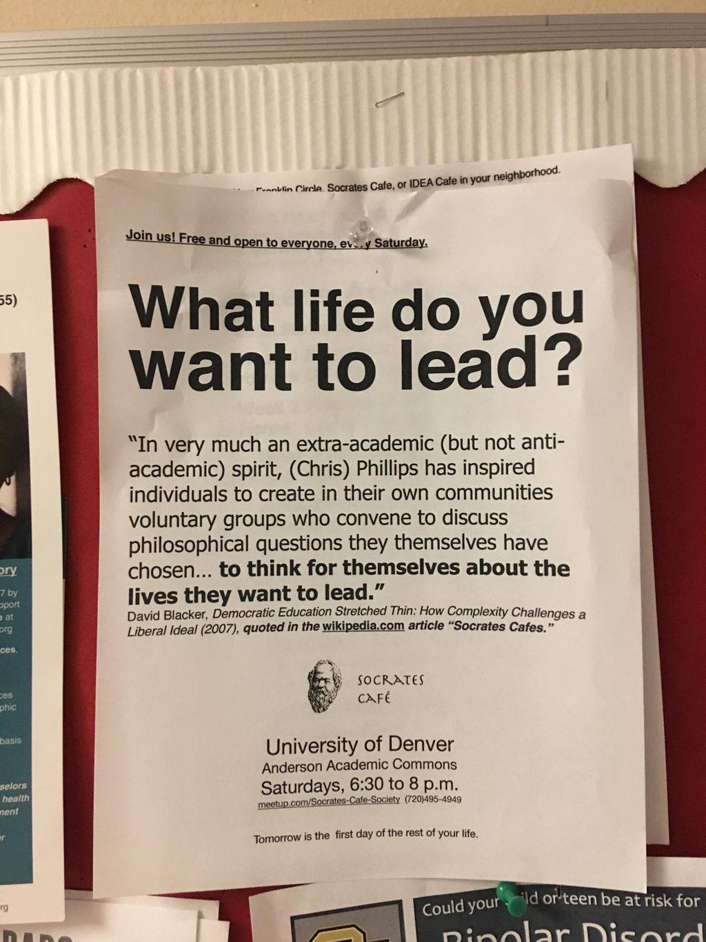 Closeup of flier on bulletin board.