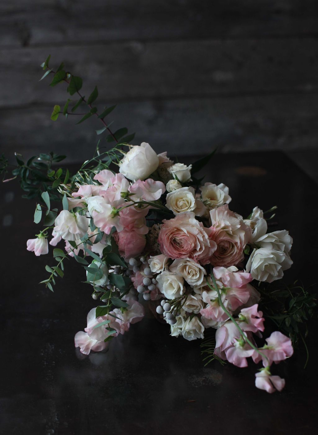 Formal bouquet of Sweet Peas, Roses and Ranunculus