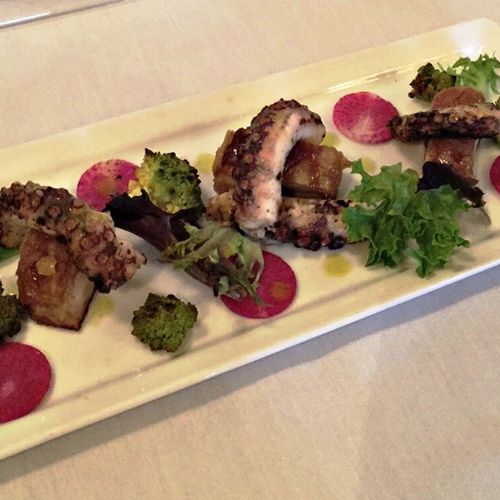Grilled Octopus & Pork Belly, Baby Greens, Romanes