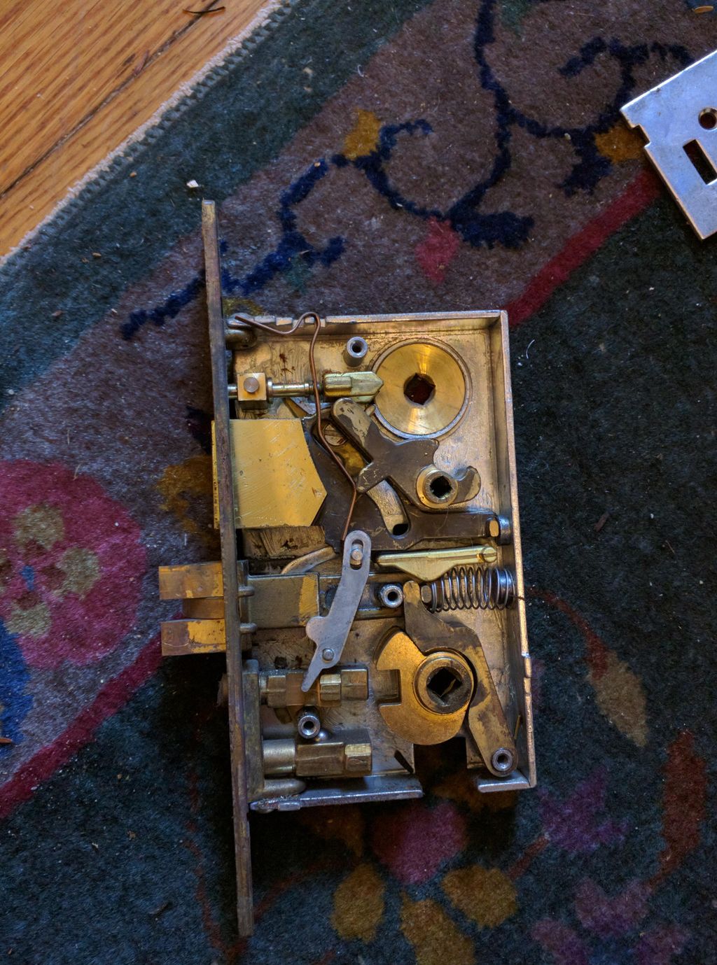 Interior of Baldwin mortise lock during repair