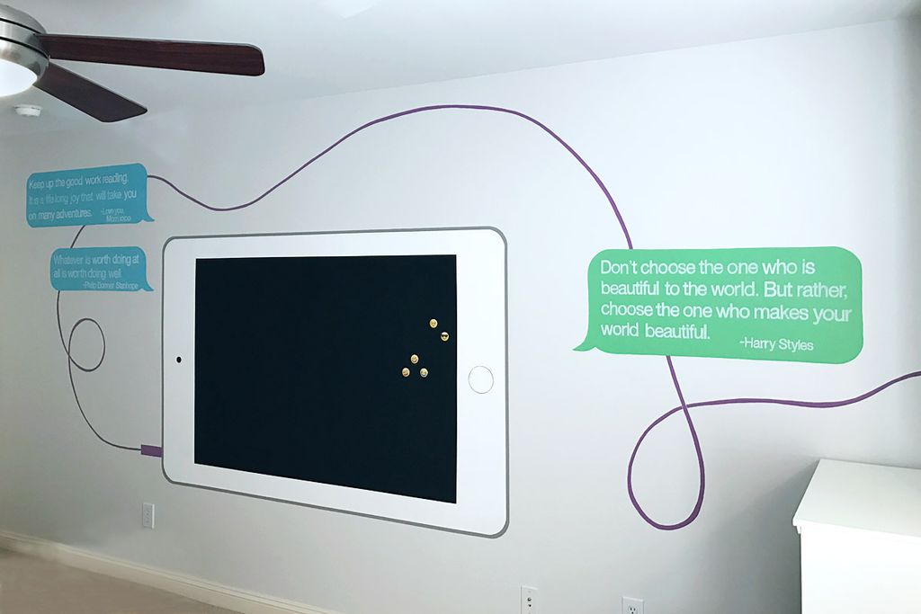 Teen room mural with iPad chalkboard and text bubb