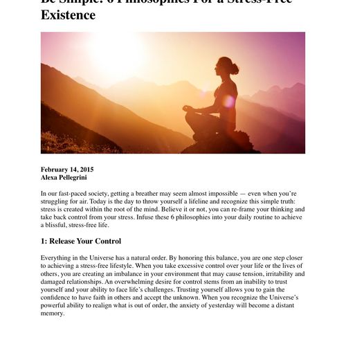Part 1, 'Be Simple: Stress-Free Living' Article fo
