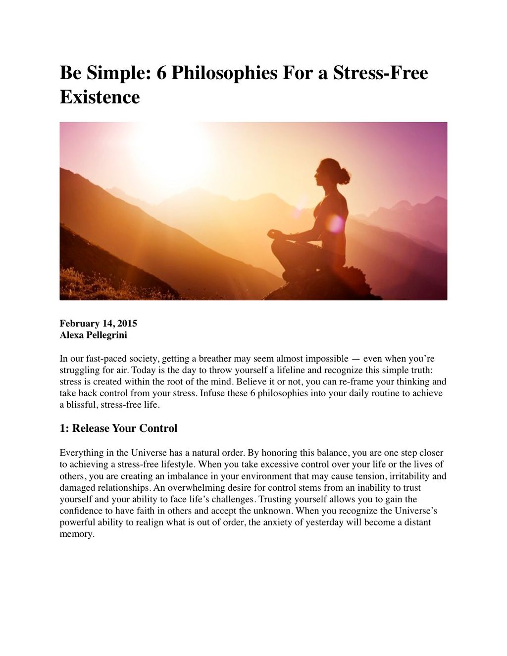 Part 1, 'Be Simple: Stress-Free Living' Article fo