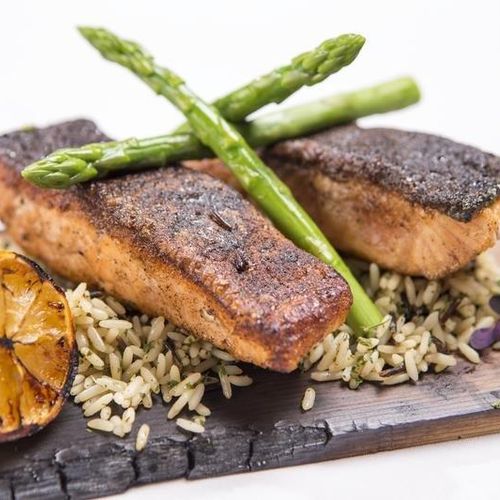 Seared Salmon w/ wild rice and asparagus 