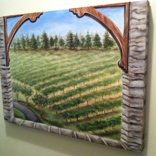 Vineyard Painting as seen from stacked stone balco