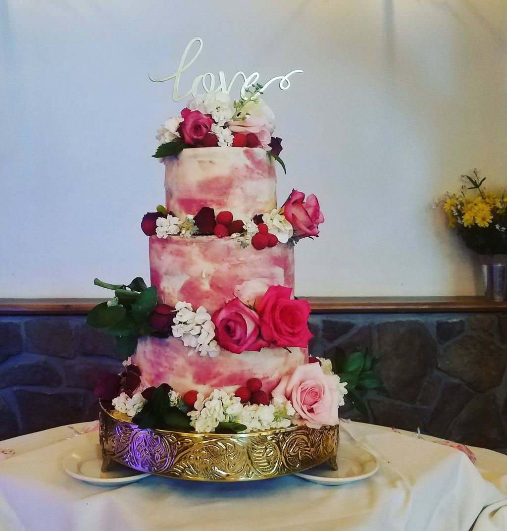 Dark chocolate buttermilk cake w/ watercolor raspb